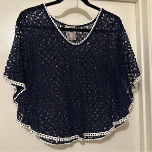 ANTHROPOLOGIE MAUVE Navy Crochet Knit Tassel Poncho Style Top